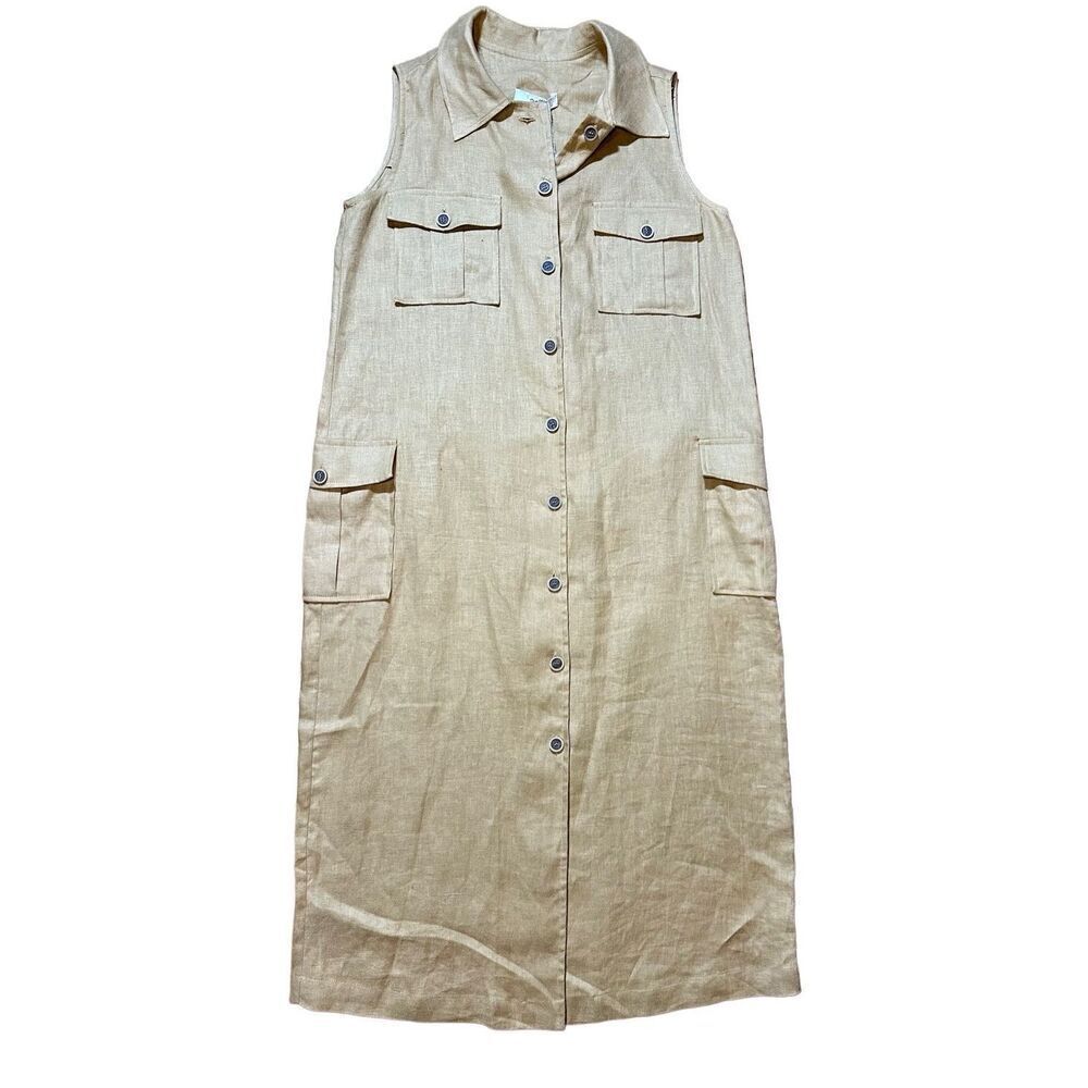 NEW adL womens linen button down midi dress cottage safari natural sz M in camel